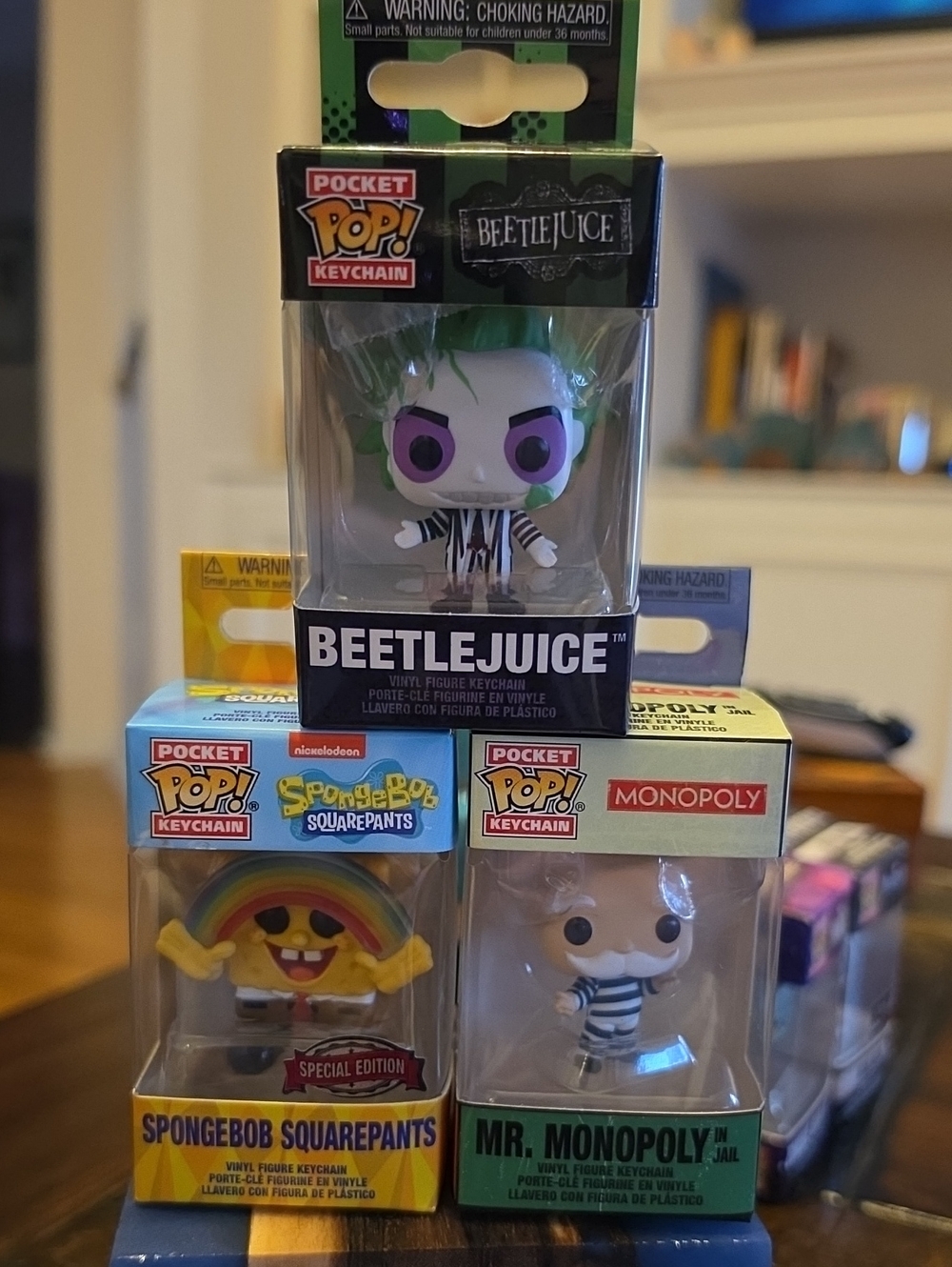 Keychain Funko Beetlejuice, Spongebob and Mr. Monopoly